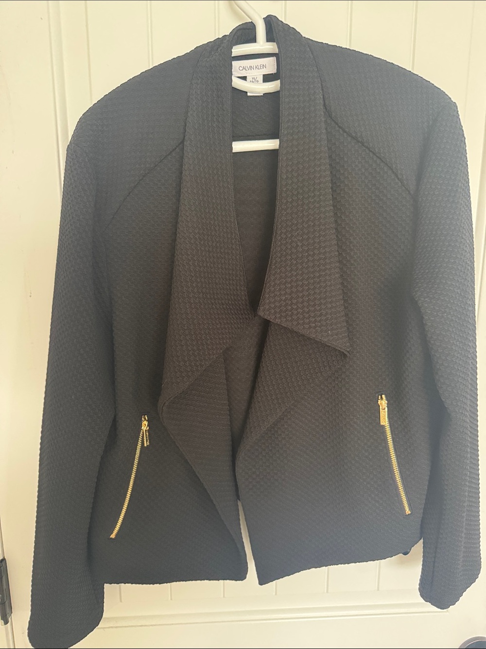 Calvin Klein Black Draped Open-Front Jacket with Gold Zippers